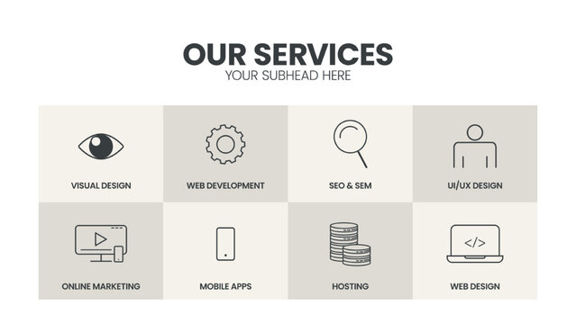 Modern creative of our services banner template with 6 options such as visual design, web development, SEO SEM, UI UX design, online marketing, mobile apps, hosting and web design. Infographic vector.