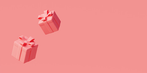 Pastel pink monochrome background of two gift boxes with ribbon and copy space for web design - obrazy, fototapety, plakaty