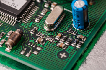 Closeup of electronic circuit board or PCB printed circuit board