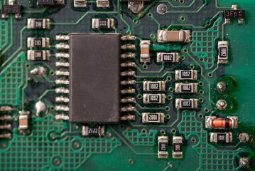 Closeup of electronic circuit board or PCB printed circuit board