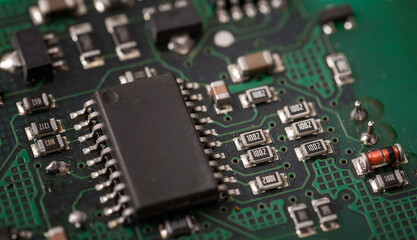 Closeup of electronic circuit board or PCB printed circuit board