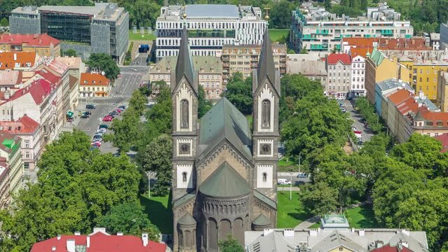 Landscape of church of Saints Cyril and Methodius timelapse from the top of the Vitkov Memorial in Prague, Czech republic. Aerial view from above