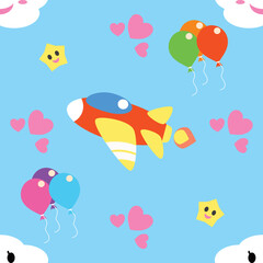 seamless pattern of cute airplane plane on the blue sky with cute clouds and stars, balloons