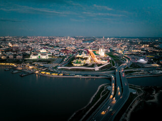 Obraz premium Panorama night city Kazan kremlin and Kul Sharif mosque Russia, aerial top view.