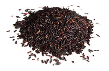 Pile of riceberry isolated on a white background, Riceberry is rich in nutrients, has good antioxidant properties and has many health benefits. Riceberry is slender, glossy, dark purple rice.