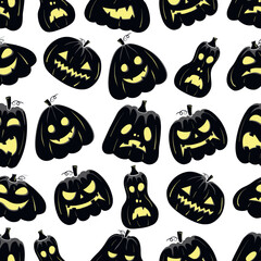 Seamless pattern with black silhouette of a pumpkin face with yellow glowing eyes for halloween on a white background