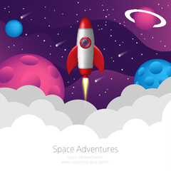 Space background with rocket. Galaxy and universe space cartoon poster.