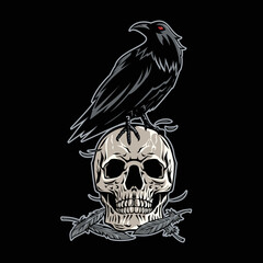Head Skull With Black Raven Illustration