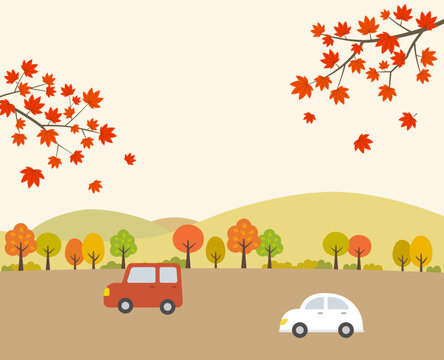 秋の紅葉風景　ドライブ　背景素材