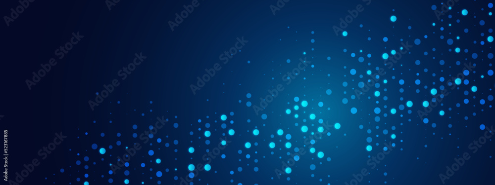 Poster blue neon abstract background of dots. texture of random particles. chaotic ornament. linear pattern