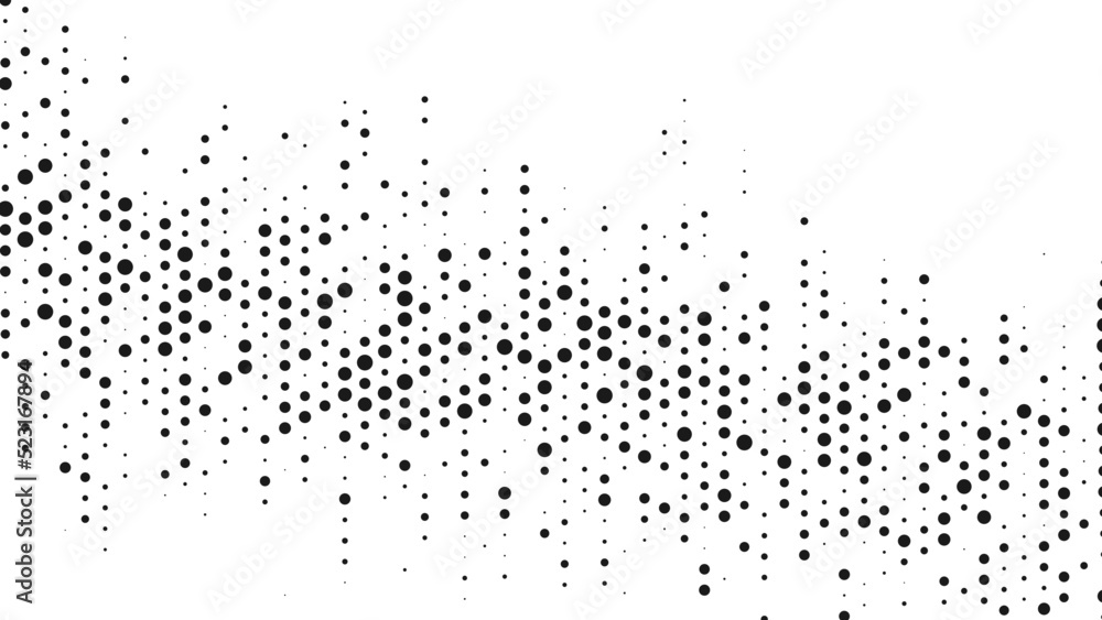 Poster halftone abstract background of dots. monochrome texture of particles. chaotic ornament. linear patt