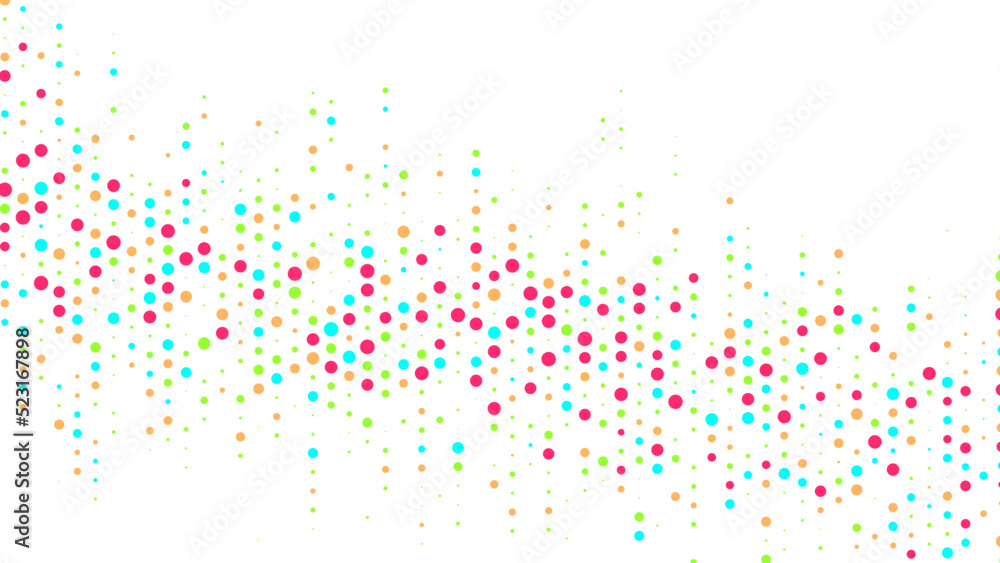 Poster rainbow abstract white background of dots frame. color glow texture of particles. chaotic ornament. 