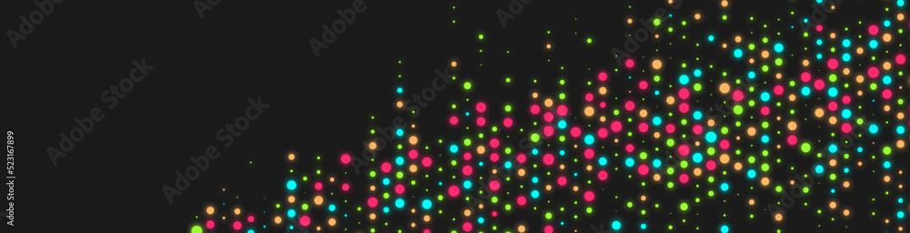 Poster rainbow abstract black background of dots frame. color glow texture of particles. chaotic ornament. 