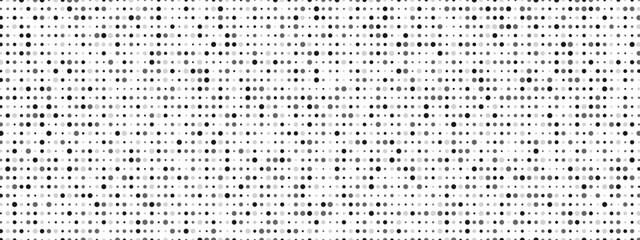 Halftone abstract background of dots. Monochrome texture of particles. Chaotic ornament. Linear pattern of small point. Design of banner, poster for website, frame for social networks. Vector