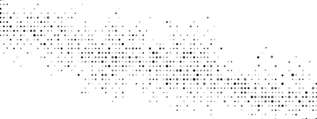 Halftone abstract background of dots. Monochrome texture of particles. Chaotic ornament. Linear pattern of small point. Design of banner, poster for website, frame for social networks. Vector
