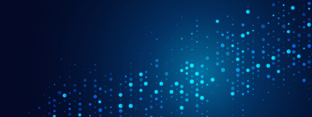 Blue neon abstract background of dots. Texture of random particles. Chaotic ornament. Linear pattern of point. Design of banner, poster for website, frame social networks. Vector illustration