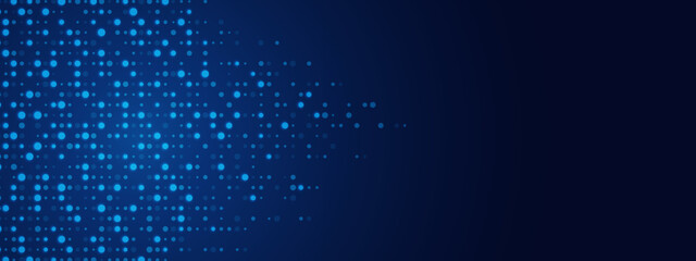 Blue neon abstract background of dots. Texture of random particles. Chaotic ornament. Linear pattern of point. Design of banner, poster for website, frame social networks. Vector illustration