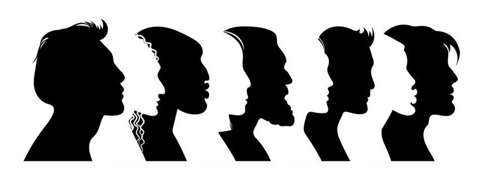 Man face silhouette. Female and male portraits. Young boy and girl bodies side view. People smiles. Black and white silhouette human heads. Students hairstyles. Vector illustration set