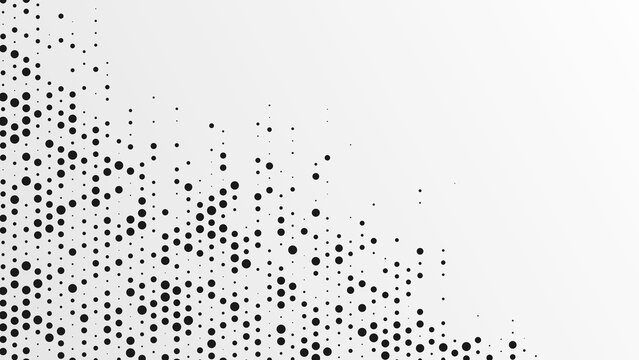 Halftone abstract background of dots. Monochrome texture of particles. Chaotic ornament. Linear pattern of small point. Design of banner, poster for website, frame for social networks. Vector