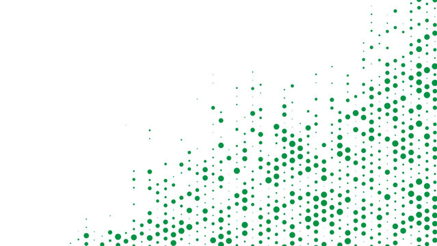 Green abstract background of dots. Texture of random particles. Chaotic ornament. Linear pattern of small dots. Design of banner, poster for website, frame for social networks. Vector illustration.