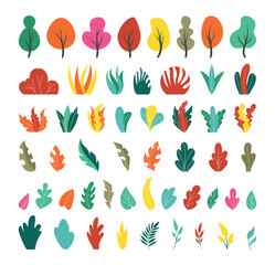 Obraz na płótnie Canvas Trees and leaves. Plant foliage. Forest greenery. Bushes or branches. Simple botanical colorful elements set. Minimal jungle flora. Isolated nature flowers. Vector cartoon abstract design