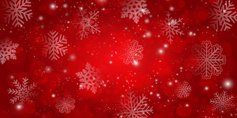 Festive Christmas red background with snowflakes, sequins and bokeh. Template for the new year for printing,banners,postcards,web design