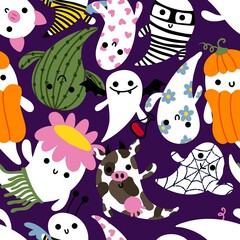 Fototapeta na wymiar Cartoon Halloween seamless cute ghost pattern for festive wrapping paper and kids and notebooks and clothes print
