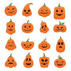 Halloween pumpkin mask set. Scary skull jack lantern smile, evil and funny texture face, creepy horror candy collection, magic decoration. Different orange vegetables. Vector illustration icons
