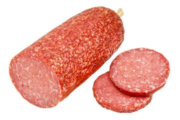 Geschnittene Geflügelsalami aus Putenfleisch auf weissem Hintergrund