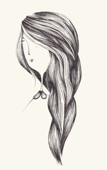  Girl with beautiful, flowing hair in the wind. Girl character, ink draw, artistic line.. Pretty face with wavy hairstyle. Artistic hair lines drawn with a strong graphic impact.