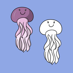 Set of illustrations, marine life, purple jellyfish with a smile and long appendages, vector in cartoon