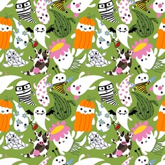 Cartoon Halloween seamless cute ghost pattern for festive wrapping paper and kids and notebooks and clothes print