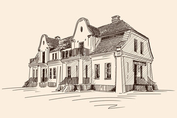 Two-storey old building in classical style with columns and balconies. Front entrance to the building. A quick pencil sketch on a beige background.