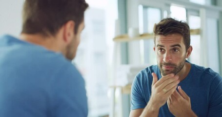 Skincare, hygiene and grooming morning routine of a handsome man with healthy skin. Smiling male looking at his fresh face in a bathroom mirror. Attractive guy getting ready and feeling good inside