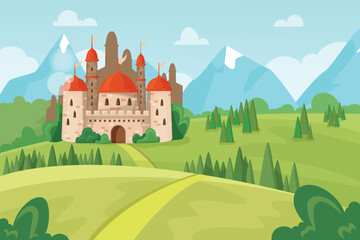 Naklejka premium Game castle on hill scene. Magic princess mansion. Road to palace. Fairytale landscape. Mountain panorama. Medieval fortress scenery. Fortified dungeon. Vector cartoon illustration