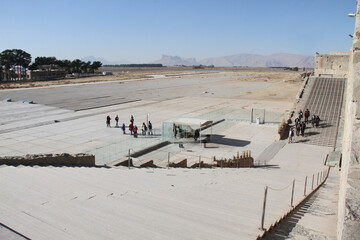 View of security check gate and grand staircases to the gate of all nations at ruins of Persepolis, Iran.