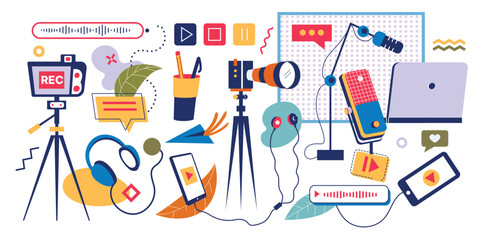 Doodle podcast recording equipment. Laptop and headset. Microphone for music or speakers speech. Coffee cup. Education and entertainment audio streaming. Vector cartoon illustration set