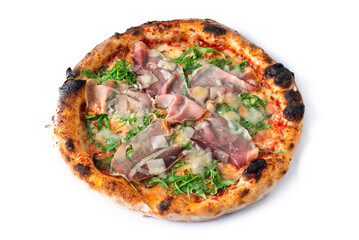 Deliziosa pizza con speck, rucola e scaglie di grana, cibo italiano 
