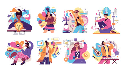 Fototapeta premium Creative people. Persons temperaments. Mindset type. MBTI character process. Analytical or imaginative mind. Mental human structures. Men and women behaviors. Vector illustration set