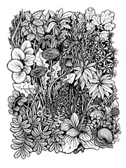 Wall art Black and white floral illustration, raster ink drawing of grass, dandelions, snail, bird, clover and other gerbs, botanical coloring page
