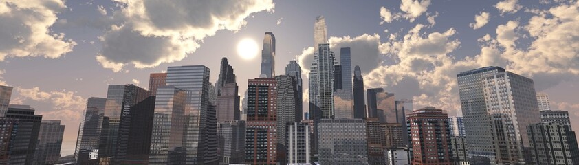Fototapeta na wymiar Cityscape, panorama of a modern city with skyscrapers against a sky with clouds and a setting sun, 3d rendering