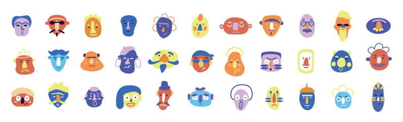 Expression avatar characters. Facial fun, happy and angry, sad and positive men and women, cute isolated icons. Social media portraits. Doodle style people. Vector cartoon flat illustration set