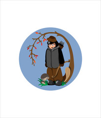 Fototapeta na wymiar Avatar for social networks, vector image. A hunter with a bow walks through the forest.