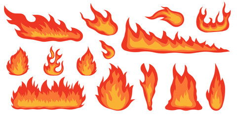 Fire flame, bright fireball, thermal forest fire and red hot bonfire, isolated vector illustration set. Cartoon bonfire.