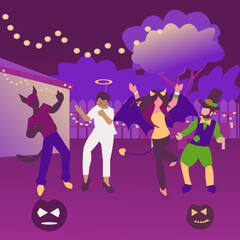 Backyard party People in Halloween costume dancing in garden at night. Cityscape background Flat illustration