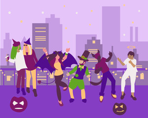 Rooftop party People in Halloween costume dancing on the roof at night. Cityscape background Flat illustration