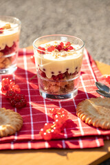 Dessert im Glas mit Johannisbeeren, Vanillecreme und Keks auf einer roten Tischdecke im Sonnenlicht