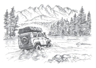 Vector hand drawn 4x4 off road car adventure crossing river and beatiful nature on background. Isolated © Artem