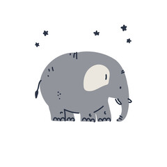 Cute elephant, cheerful african animal. Nursery simple poster design. Hand drawn vector funny zoo character. Primitive cartoon  illustration, decoration element. 