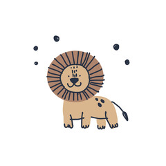 Cute lion kid, african animal. Nursery simple poster design. Hand drawn vector funny zoo character. Primitive cheerful cartoon  illustration, decoration element. 